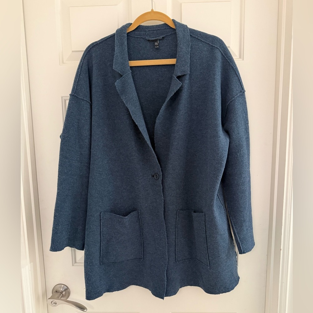 Eileen Fisher Boiled Wool Deconstructed Jacket Sweater Blue Xl